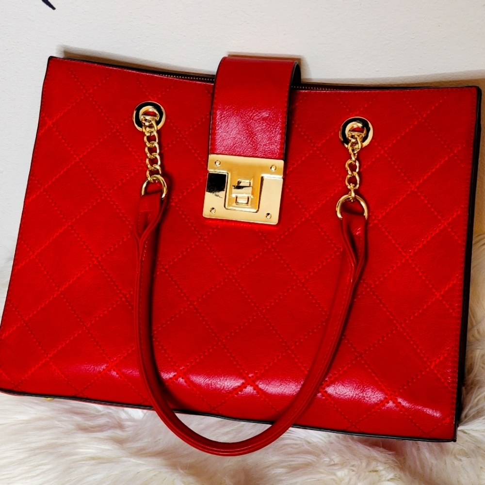 Large Vegan Leather Red Handbag Quilted Pattern Shoulder Satchel Hand Bag Purse - Picture 3 of 11